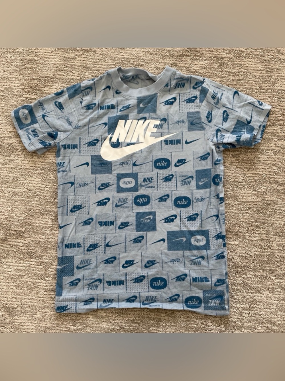 The Nike Tee Shirt Boys Medium Blue Short Sleeve T Shirt All Over Print Retro